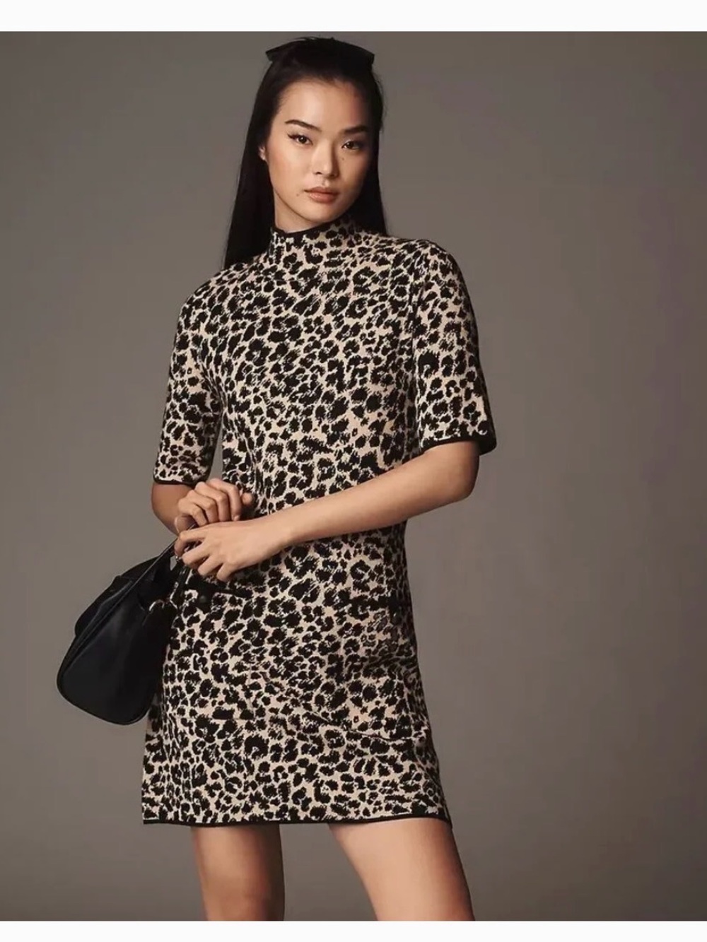Maeve Annalise Mock-Neck Mini Sweater Dress Leopard Print Dress